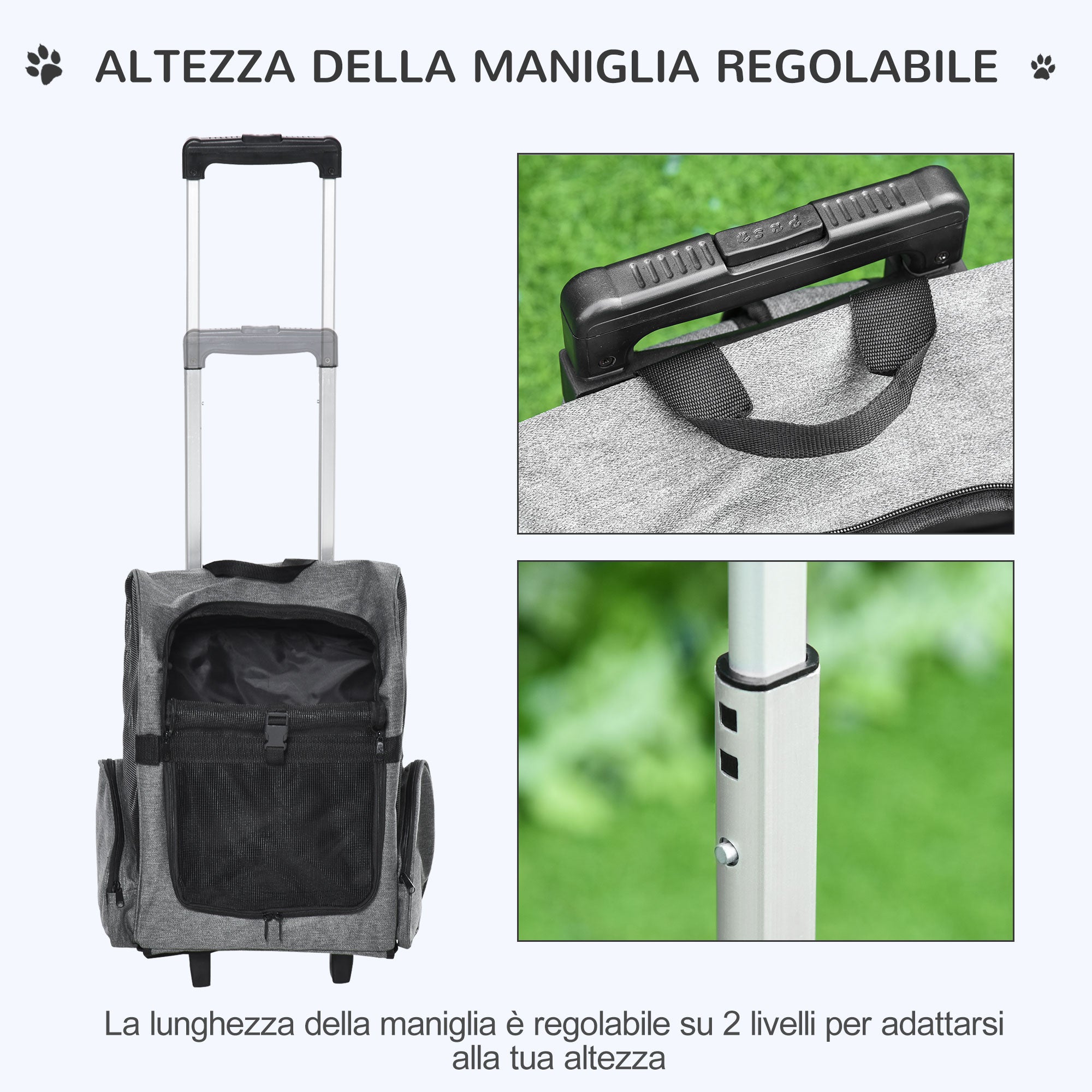 EasyComfort Trasportino Zaino 2 in 1 per Cani e Gatti con Tasche Laterali, Maniglia Telescopica e Ruote, 42x25x55cm, Grigio