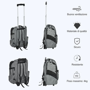 EasyComfort Trasportino Zaino 2 in 1 per Cani e Gatti con Tasche Laterali, Maniglia Telescopica e Ruote, 42x25x55cm, Grigio
