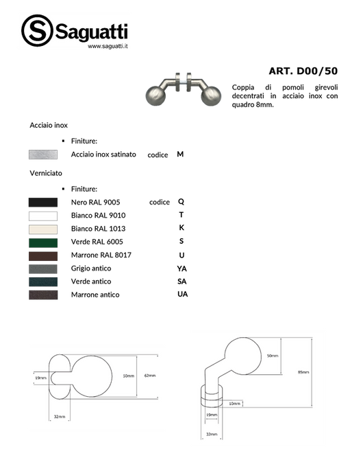 Maniglia su rosetta tonda SAGUATTI  D00/50T in inox bianco lucido, 2 pezzi