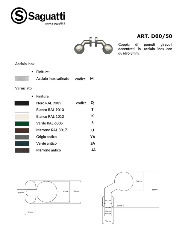 Maniglia su rosetta tonda SAGUATTI  D00/50T in inox bianco lucido, 2 pezzi
