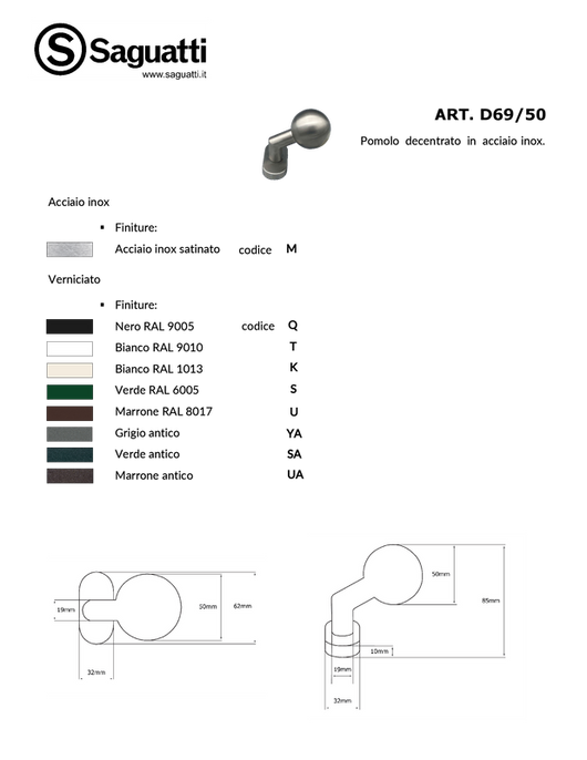 Maniglia su rosetta tonda SAGUATTI  D00/50YA in inox grigio opaco, 2 pezzi