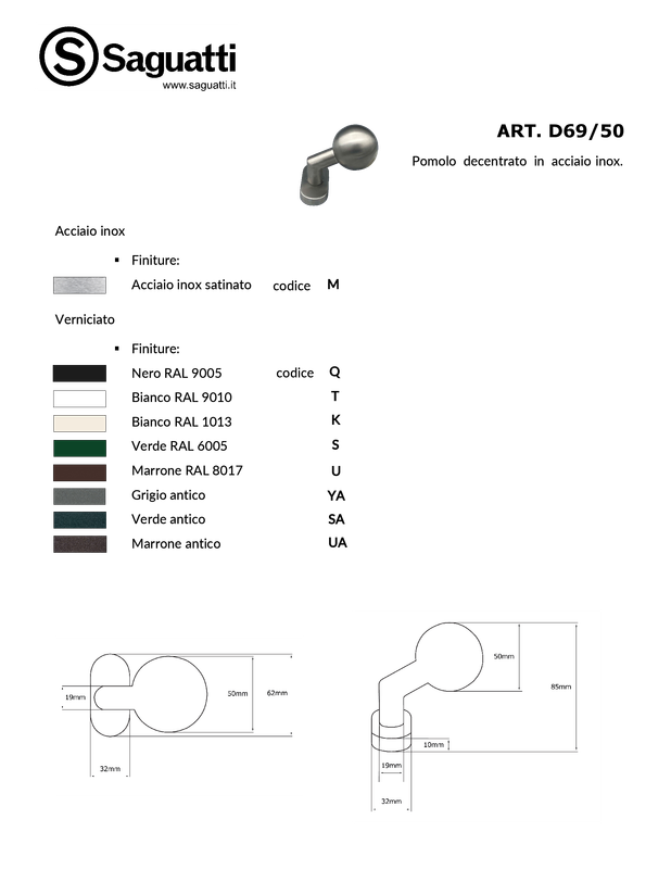 Maniglia su rosetta tonda SAGUATTI  D00/50UA in inox marrone opaco, 2 pezzi