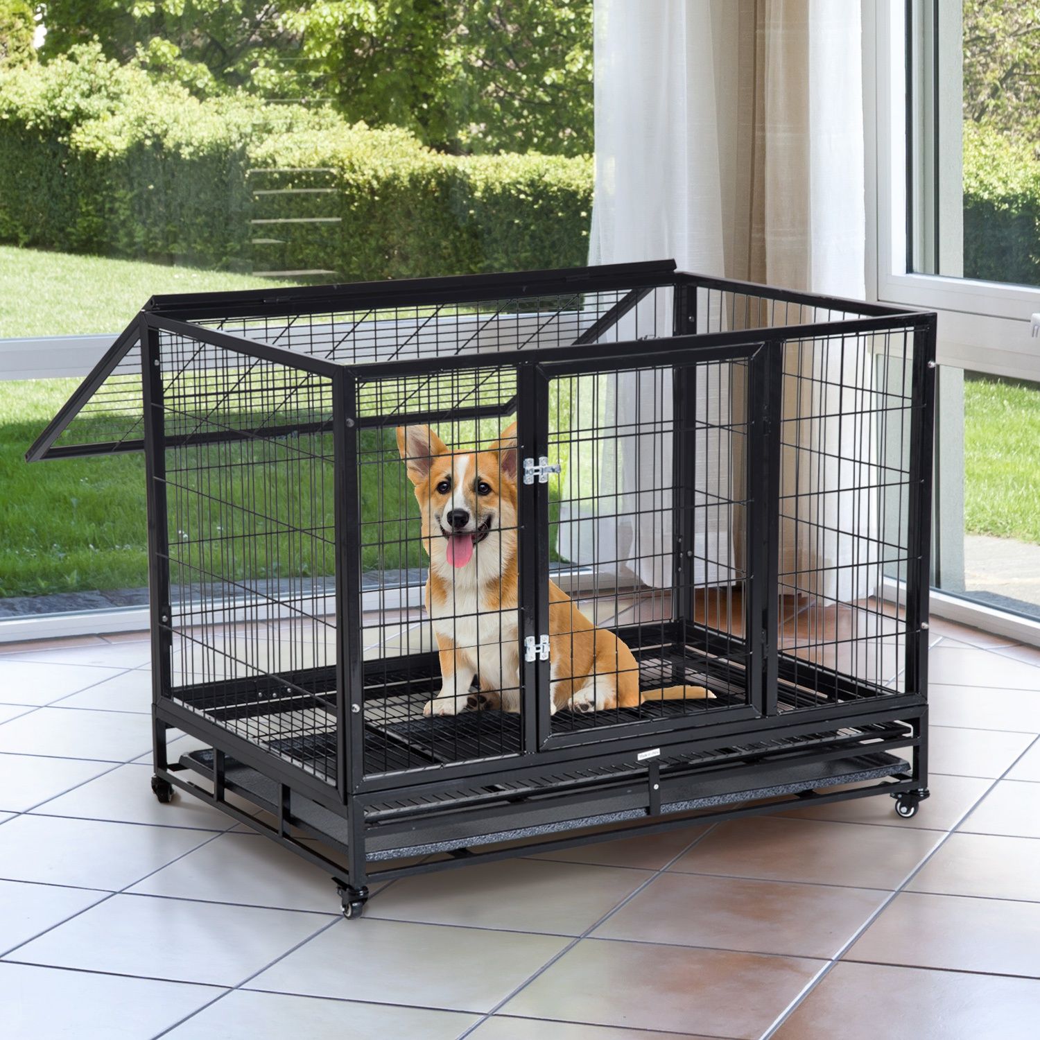 Easycomfort Gabbia Box per Cani Cuccioli da Interno Esterno con Rotelle 92×62×75cm