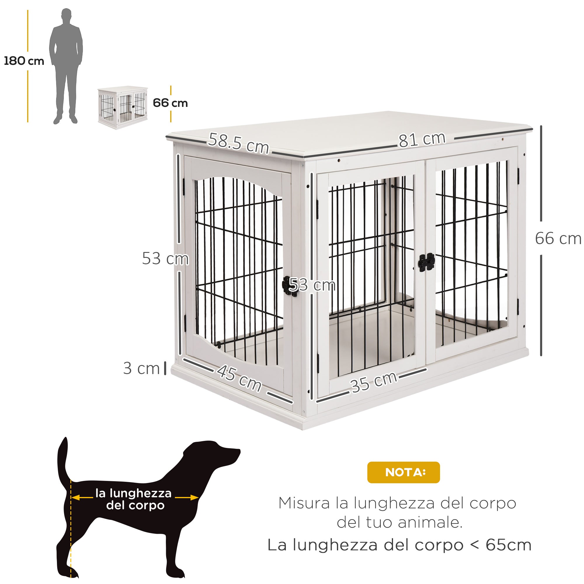 Easycomfort Casetta per Cani Fino 30kg da Interno in Legno e Acciaio, 58.5x81x 66cm - Bianco