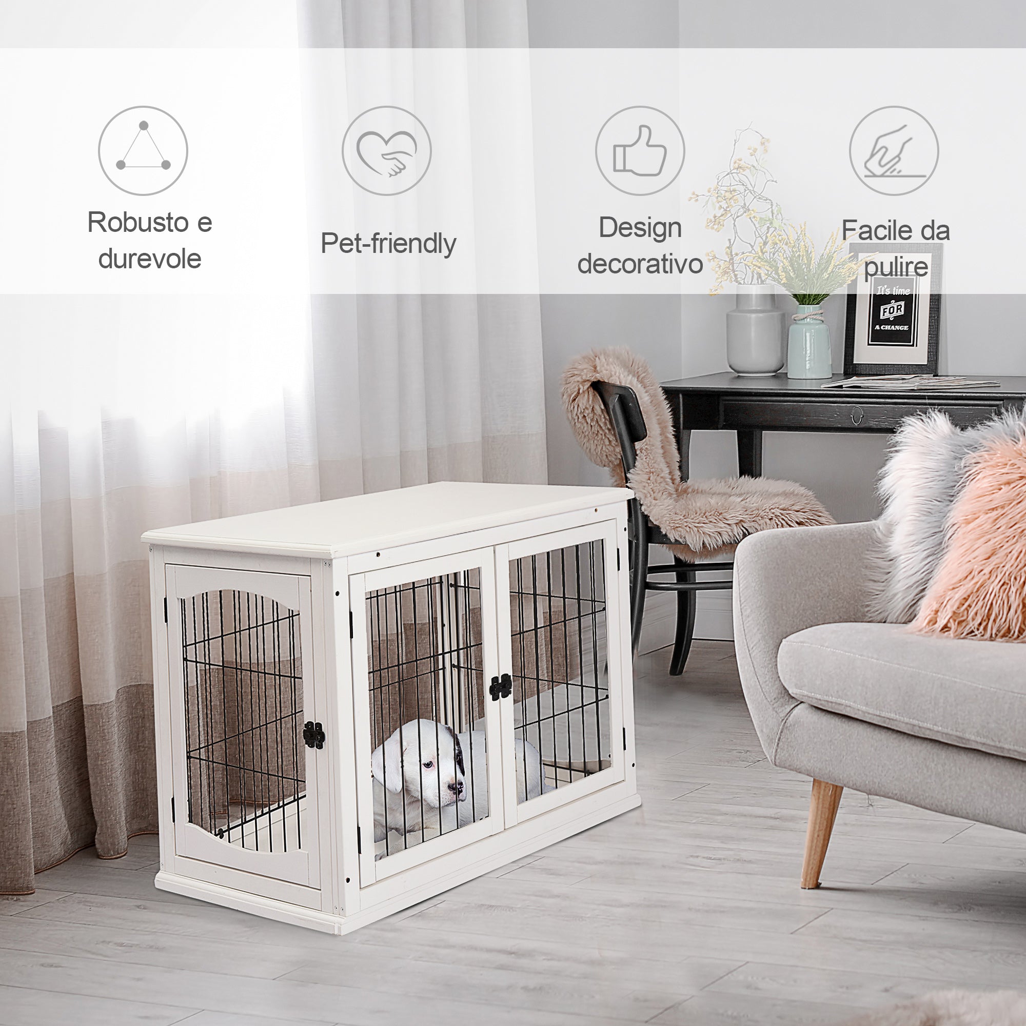 Easycomfort Casetta per Cani Fino 30kg da Interno in Legno e Acciaio, 58.5x81x 66cm - Bianco