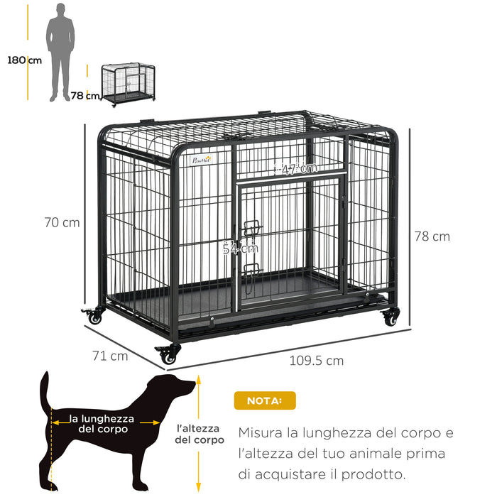 Easycomfort Kennel Gabbia per Cani Pieghevole Doppia Porta con Blocco 4 Ruote con Freno e Fondo Rimovibile, 109.5x71x78cm