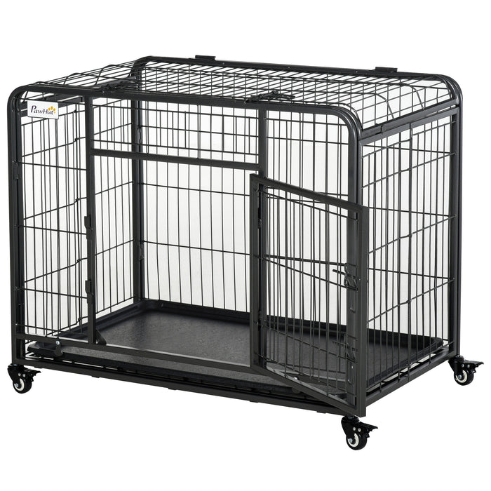 Easycomfort Kennel Gabbia per Cani Pieghevole Doppia Porta con Blocco 4 Ruote con Freno e Fondo Rimovibile, 109.5x71x78cm