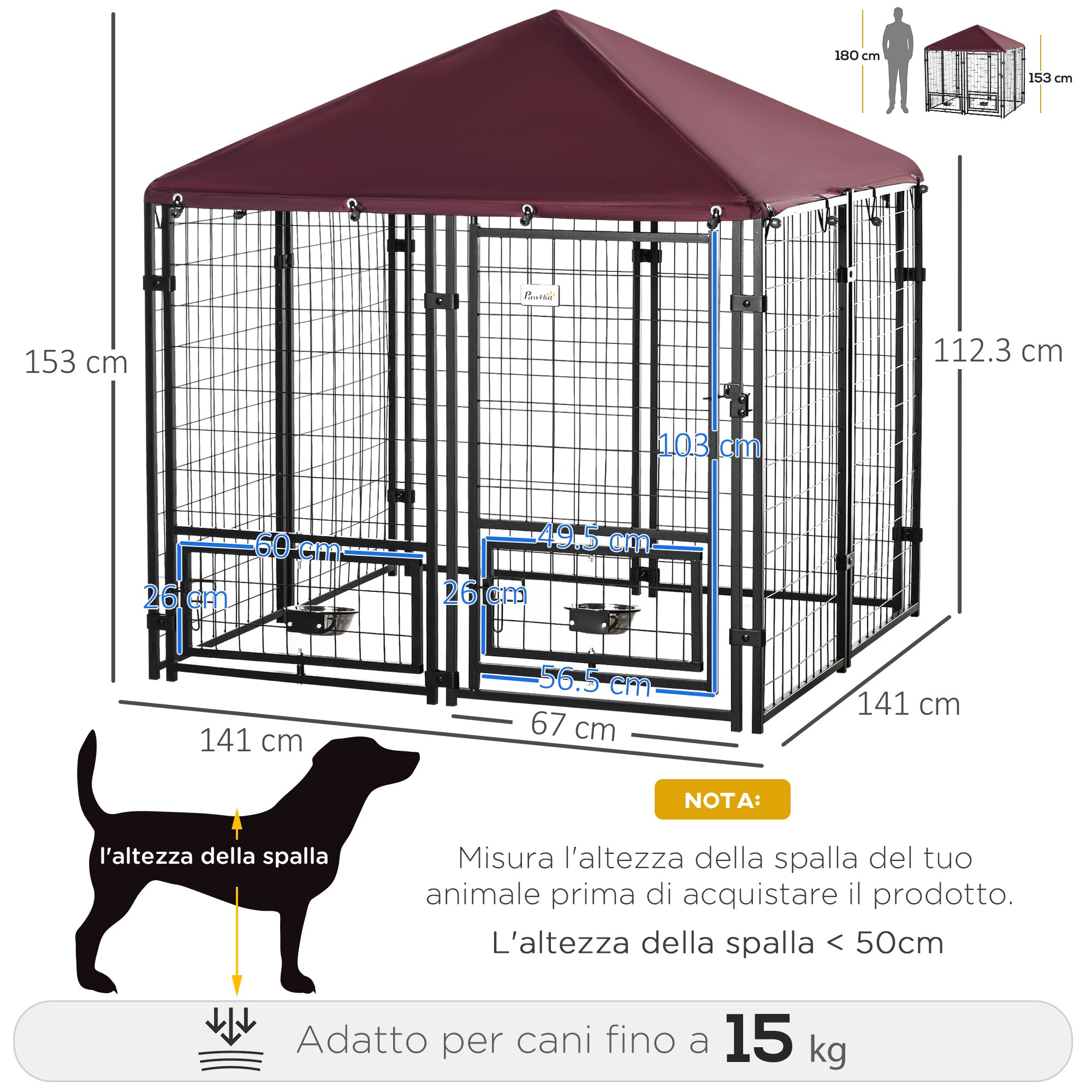 EasyComfort Recinto per Cani da Esterno con Serratura, 2 Ciotole Girevoli e Copertura Rimovibile, Nero e Rosso