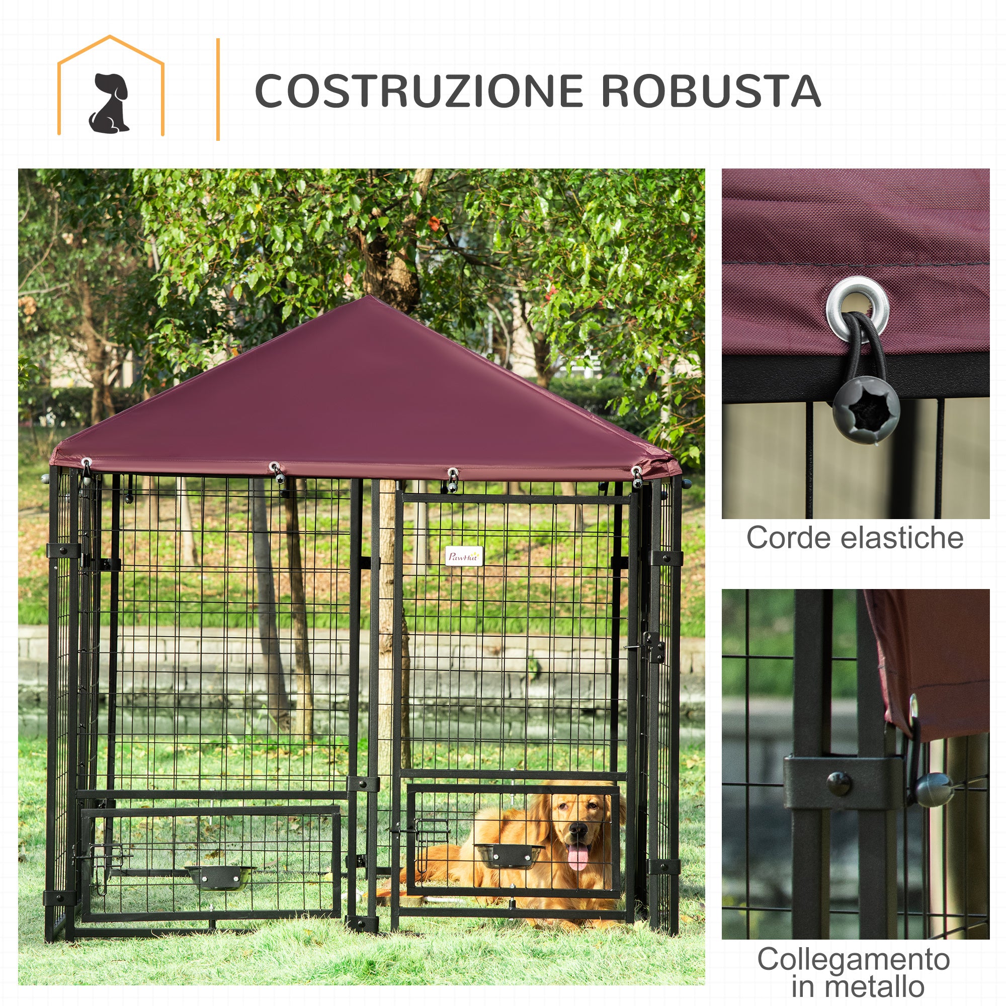 EasyComfort Recinto per Cani da Esterno con Serratura, 2 Ciotole Girevoli e Copertura Rimovibile, Nero e Rosso
