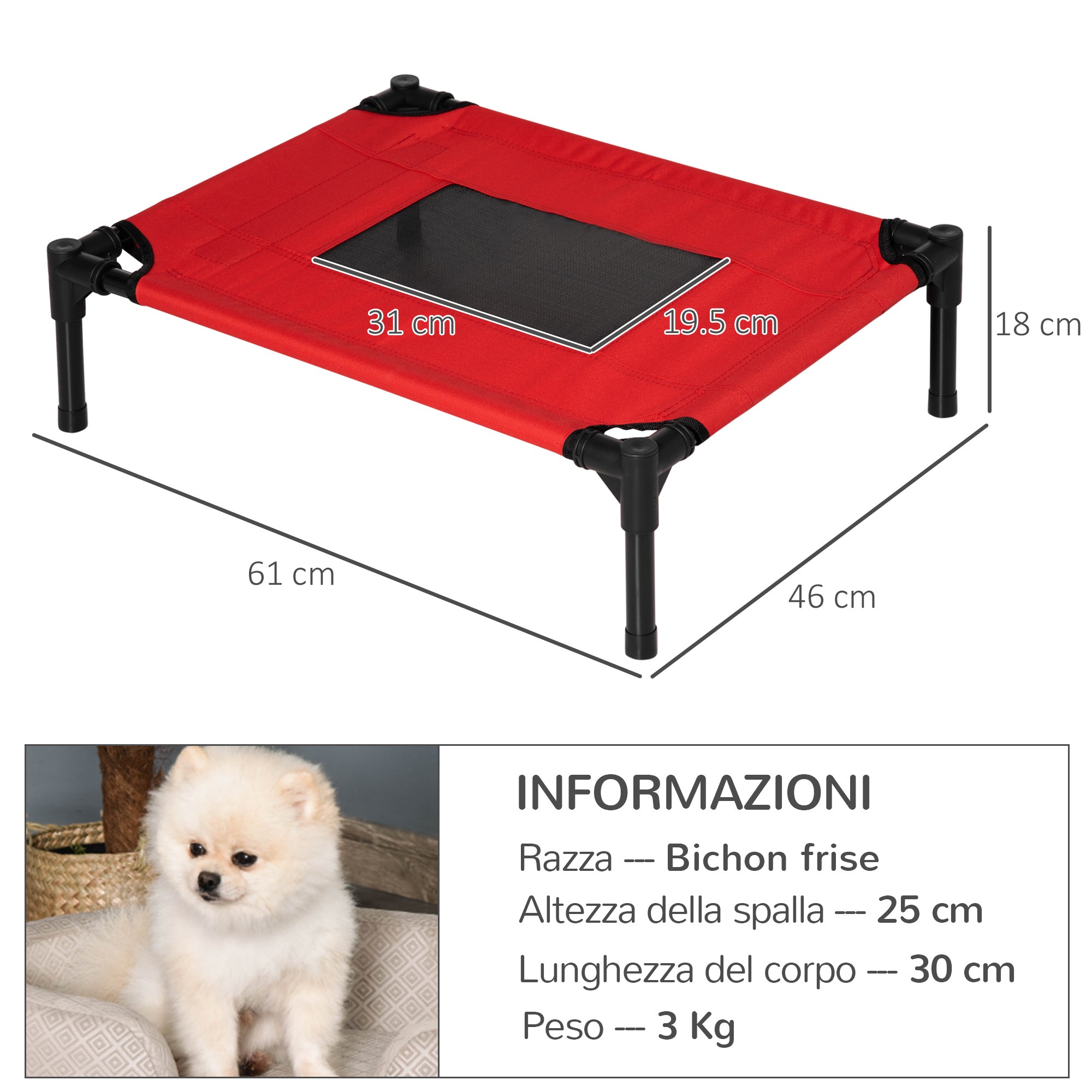 Easycomfort Cuccia Estiva Brandina per Cani fino a 11.3kg da Esterno e Interno Lettino per Animali, 61x46x18 cm, Rosso