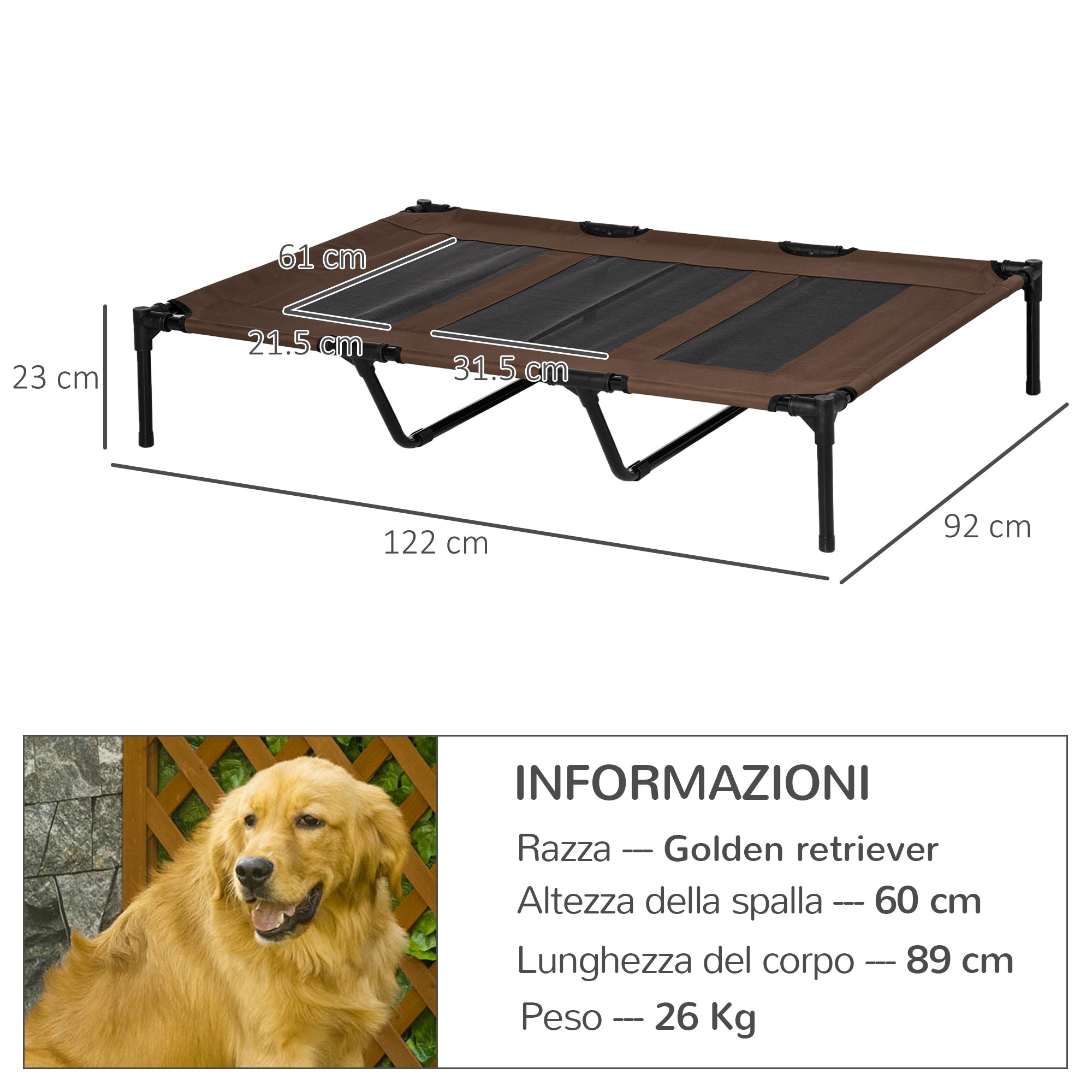 Easycomfort Lettino per Cani di Taglia XX-Grande Fino a 50kg max Rialzato con Borsa da Viaggio e Piedini Antiscivolo, Brandina per Cani e Gatti in Metallo e Tessuto Oxford, 122x92x23 cm, Marrone