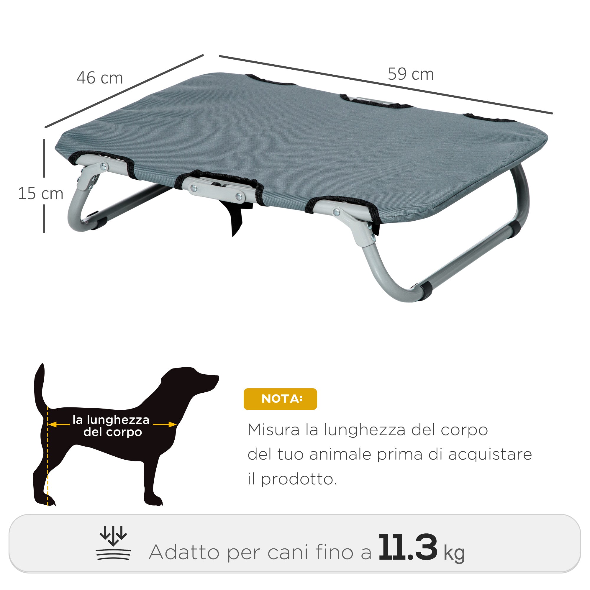EasyComfort Lettino per Cani Pieghevole in Acciaio e Tessuto Oxford per Interni ed Esterni, 59x46x15 cm, Grigia
