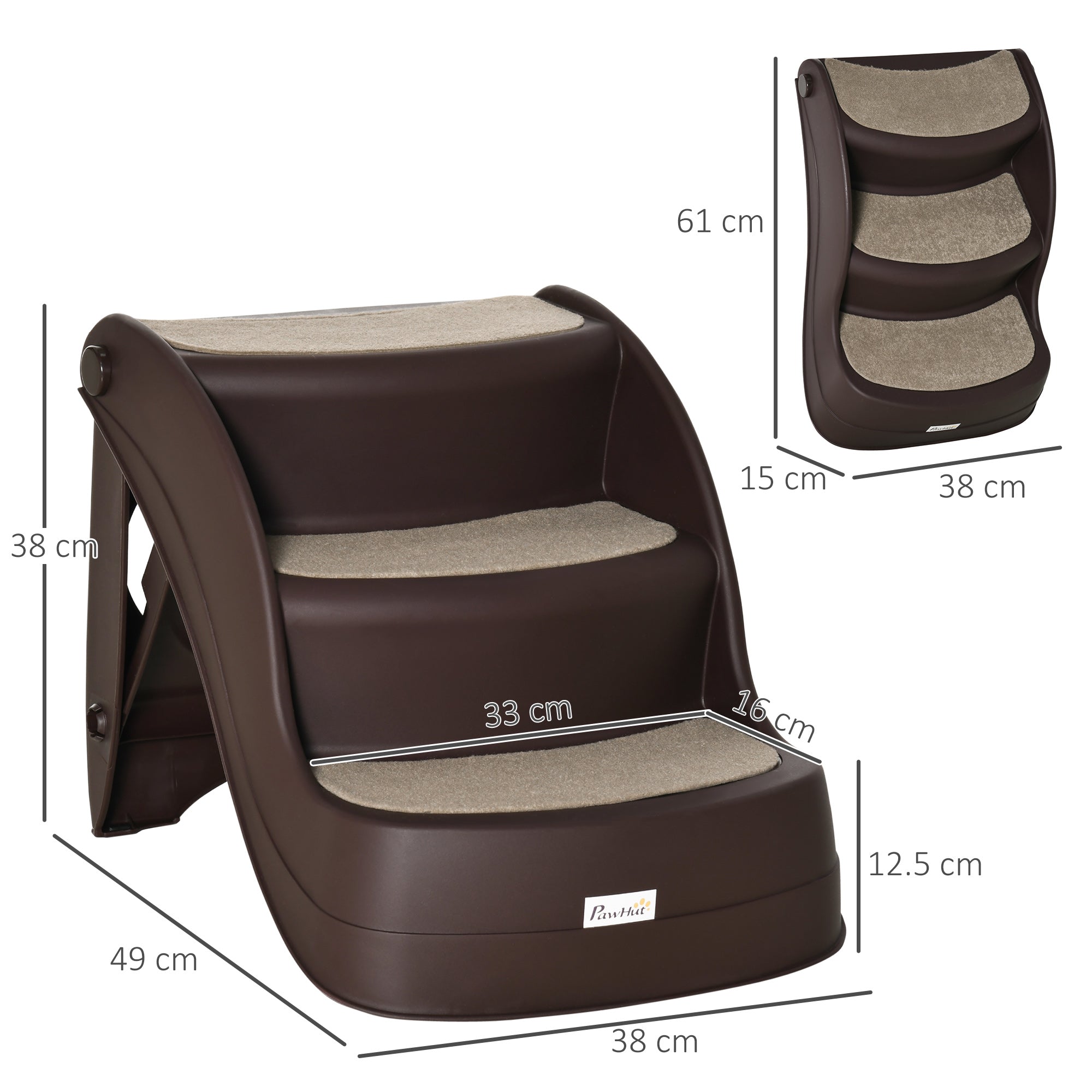 EasyComfort Scaletta per Cani Pieghevole con 3 Gradini Antiscivolo in PP, 49x38x38 cm, Marrone