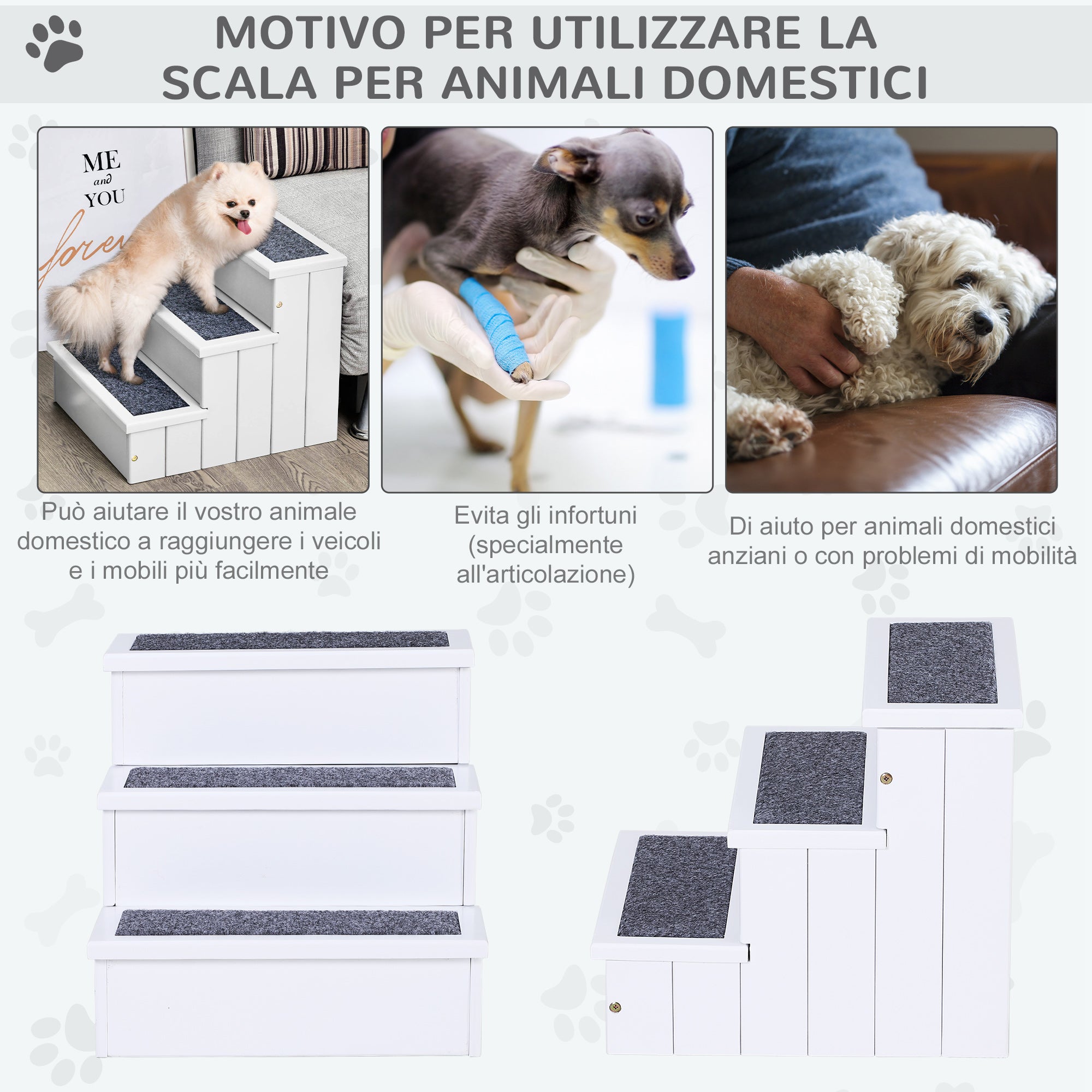 EasyComfort Scaletta per Cani a 3 Gradini con Tappeto Antiscivolo e Spazio Interno, 40.5x44.5x38cm, Bianco