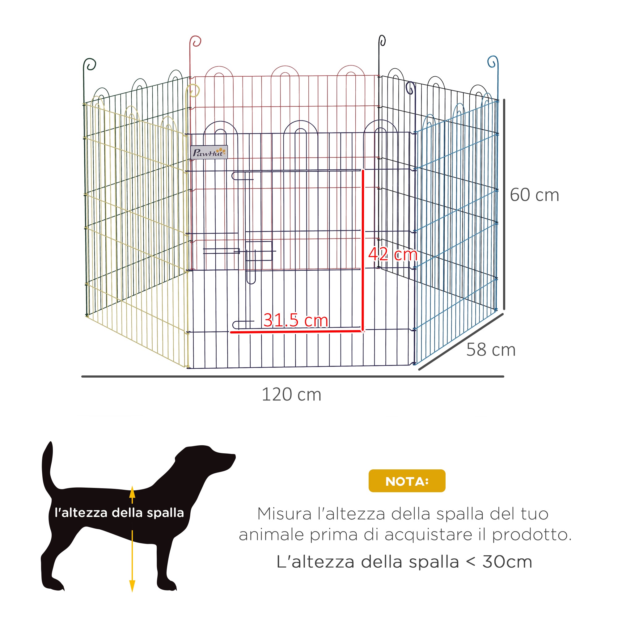 Easycomfort Cancellino per Cani a 6 Pannelli in Metallo con Chiusura a Scatto, Ø120x60 cm, Multicolore