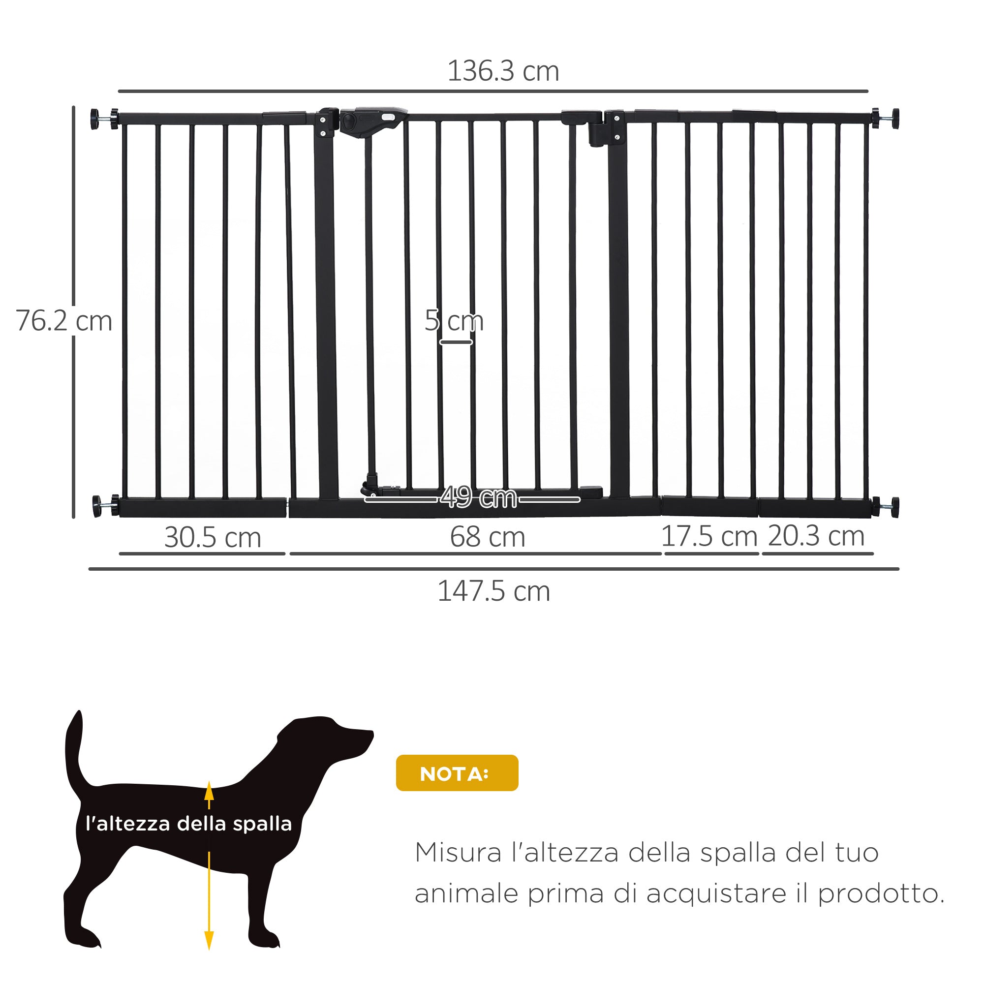 Easycomfort Cancellino per Cani e Animali Domestici 3 Estensioni Larghezza Regolabile Fino 147.5cm Chiusura Automatica, Black