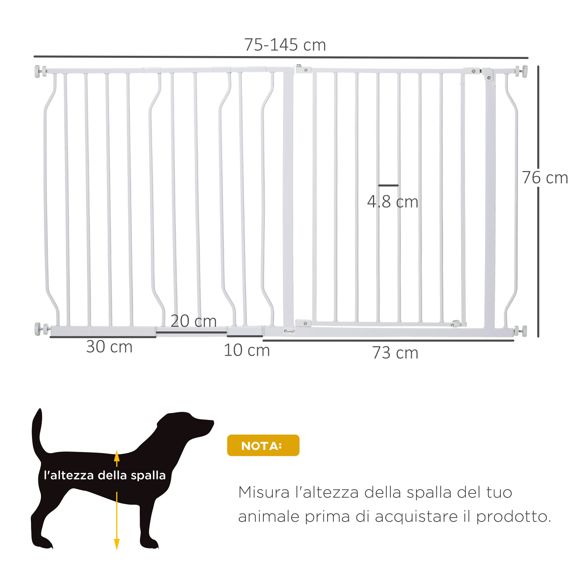 Easycomfort Cancelletto di Sicurezza per Cani in Acciaio e ABS, Estensibile 75-145cm per Scale e Porte, Bianco
