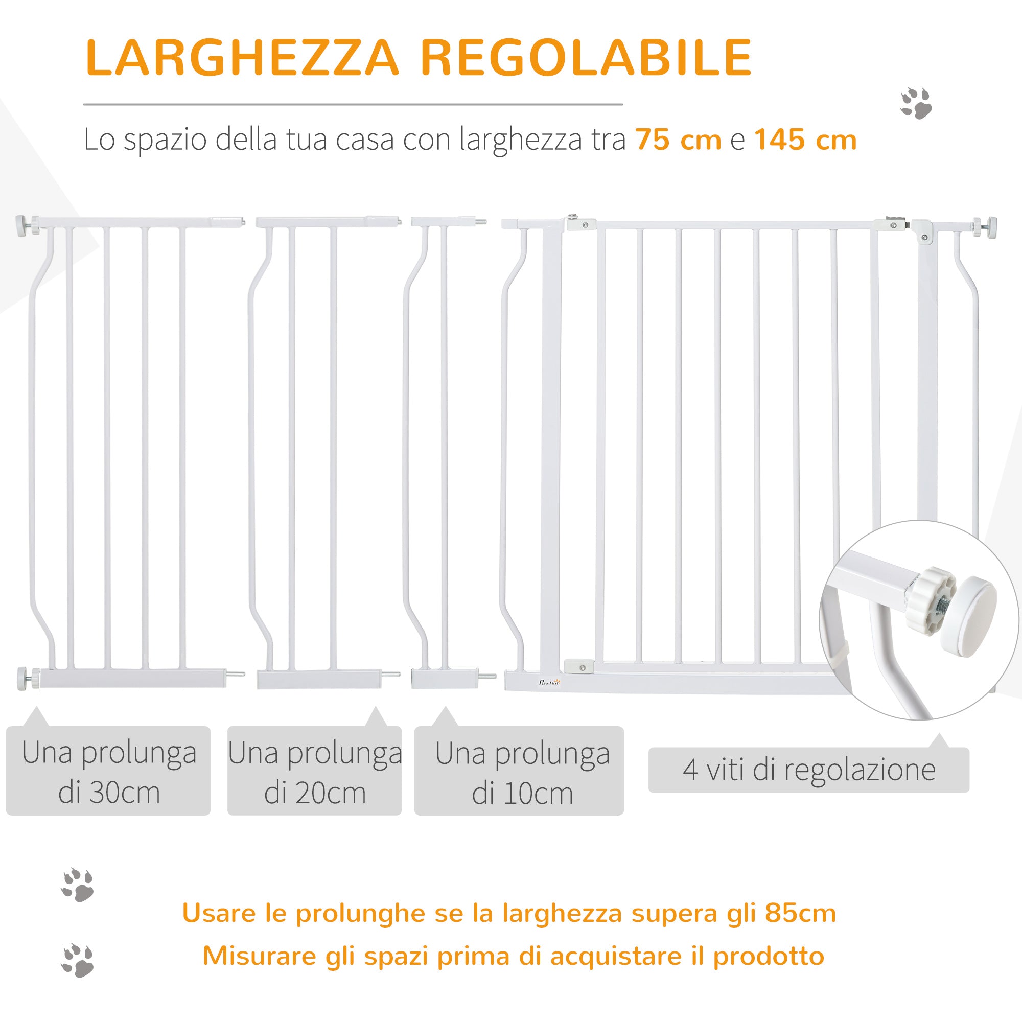 Easycomfort Cancelletto di Sicurezza per Cani in Acciaio e ABS, Estensibile 75-145cm per Scale e Porte, Bianco