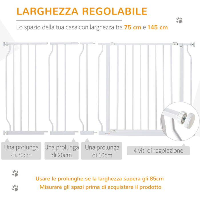 Easycomfort Cancelletto di Sicurezza per Cani in Acciaio e ABS, Estensibile 75-145cm per Scale e Porte, Bianco