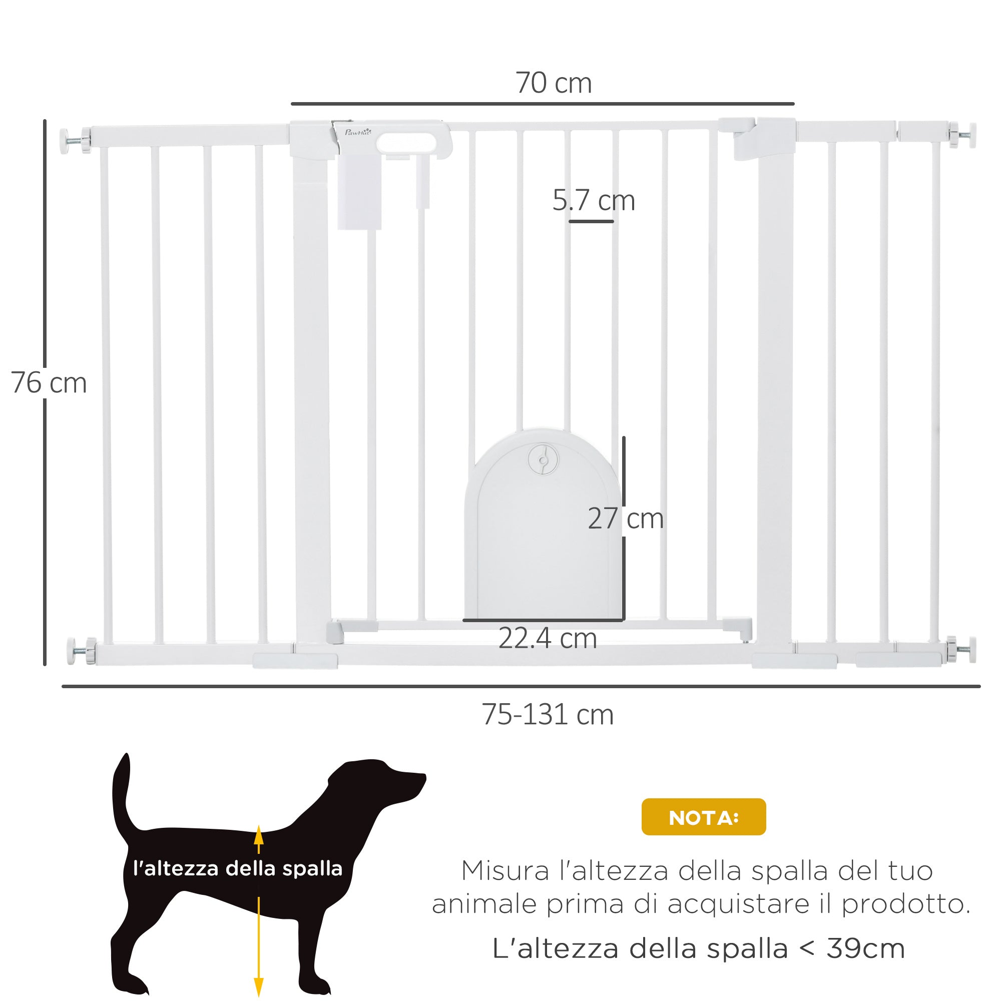 EasyComfort Cancelletto per Cani Estensibile con Porta a Chiusura Automatica, in Metallo e ABS, 75-131x76 cm, Bianco