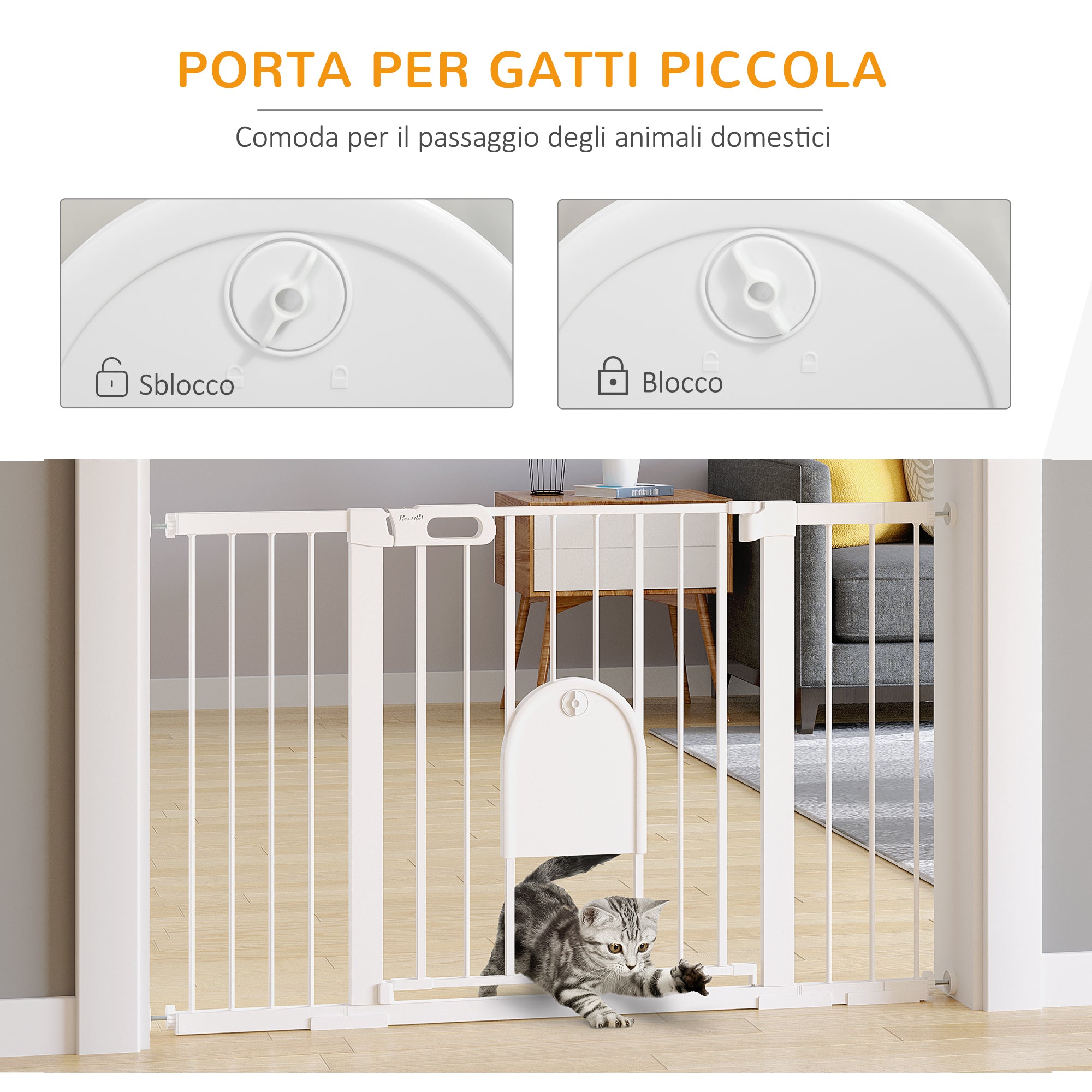 EasyComfort Cancelletto per Cani Estensibile con Porta a Chiusura Automatica, in Metallo e ABS, 75-131x76 cm, Bianco
