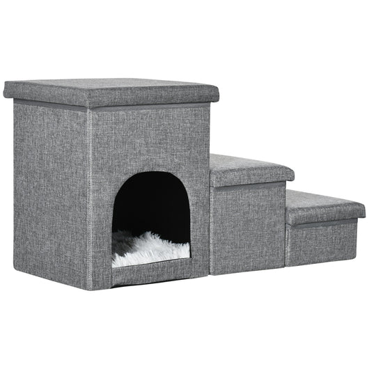 EasyComfort Scaletta per Cani e Gatti 10kg max a 3 Gradini con Casetta per Cani e Spazio Portaoggetti, 73.5x33x40.5 cm, Grigio