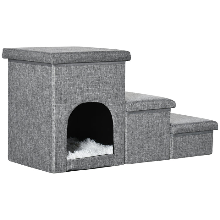 EasyComfort Scaletta per Cani e Gatti 10kg max a 3 Gradini con Casetta per Cani e Spazio Portaoggetti, 73.5x33x40.5 cm, Grigio