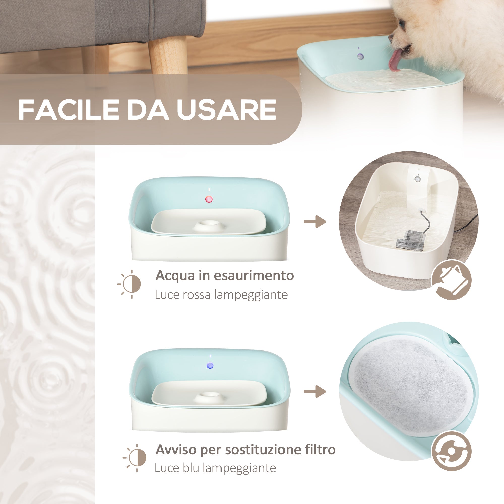 EasyComfort Fontanella per Gatti e Cani da 3L con Filtro a Carboni, Luce LED e Sensore di Movimento, Bianco