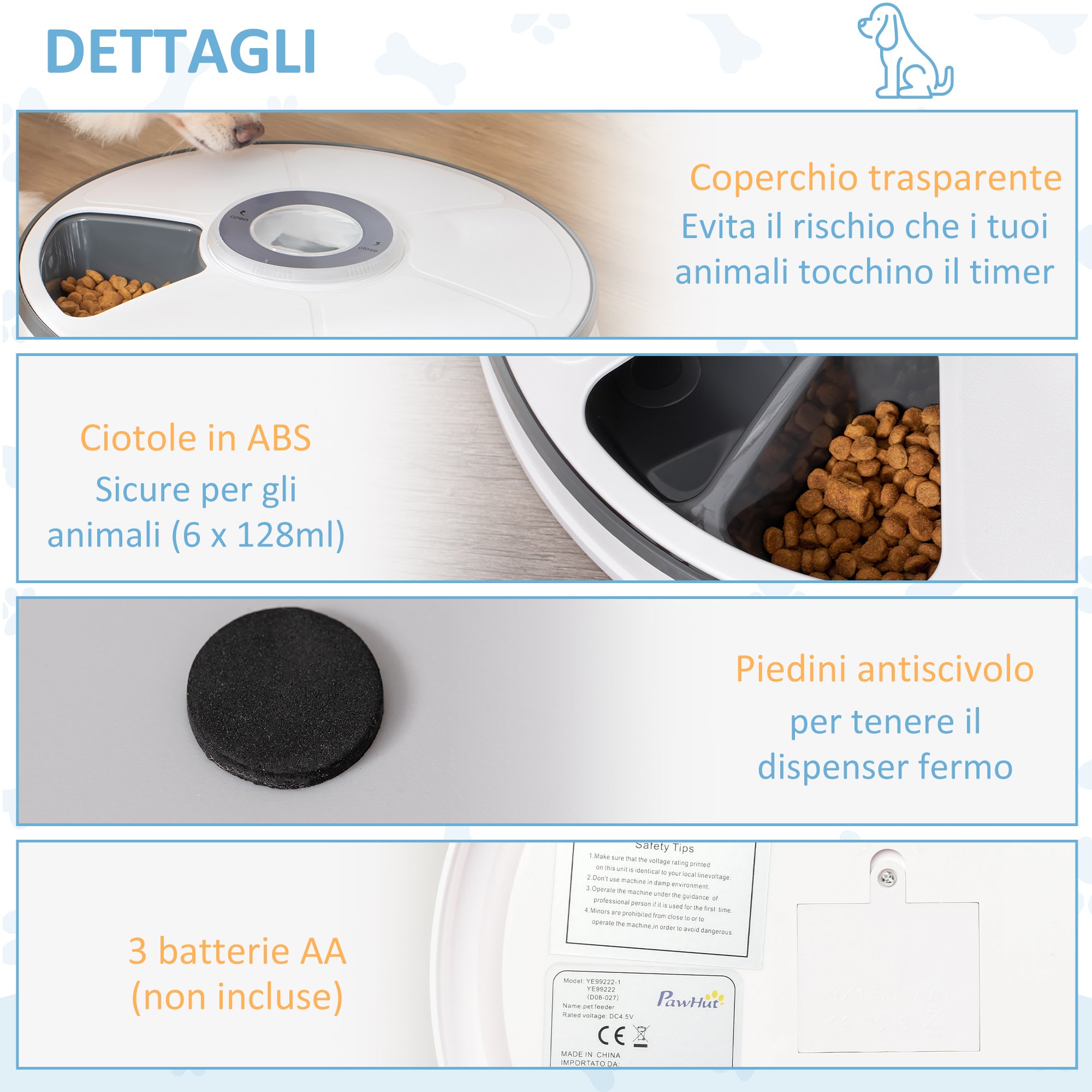 EasyComfort Distributore Automatico Cibo Cani e Gatti, 6 Pasti Ciotole con Timer e Display LED a Batterie, Dispenser Cibo per Piccoli Animali con Musica