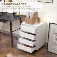 Cassettiera da Ufficio con 4 Cassetti e Ruote con Freno in Legno MDF, 46x40x65 cm, Bianco