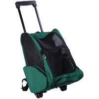 Trasportino Zaino 2 in 1 per Cani e Gatti con Tasche Laterali, Maniglia Telescopica e Ruote, 42x25x55cm, Verde