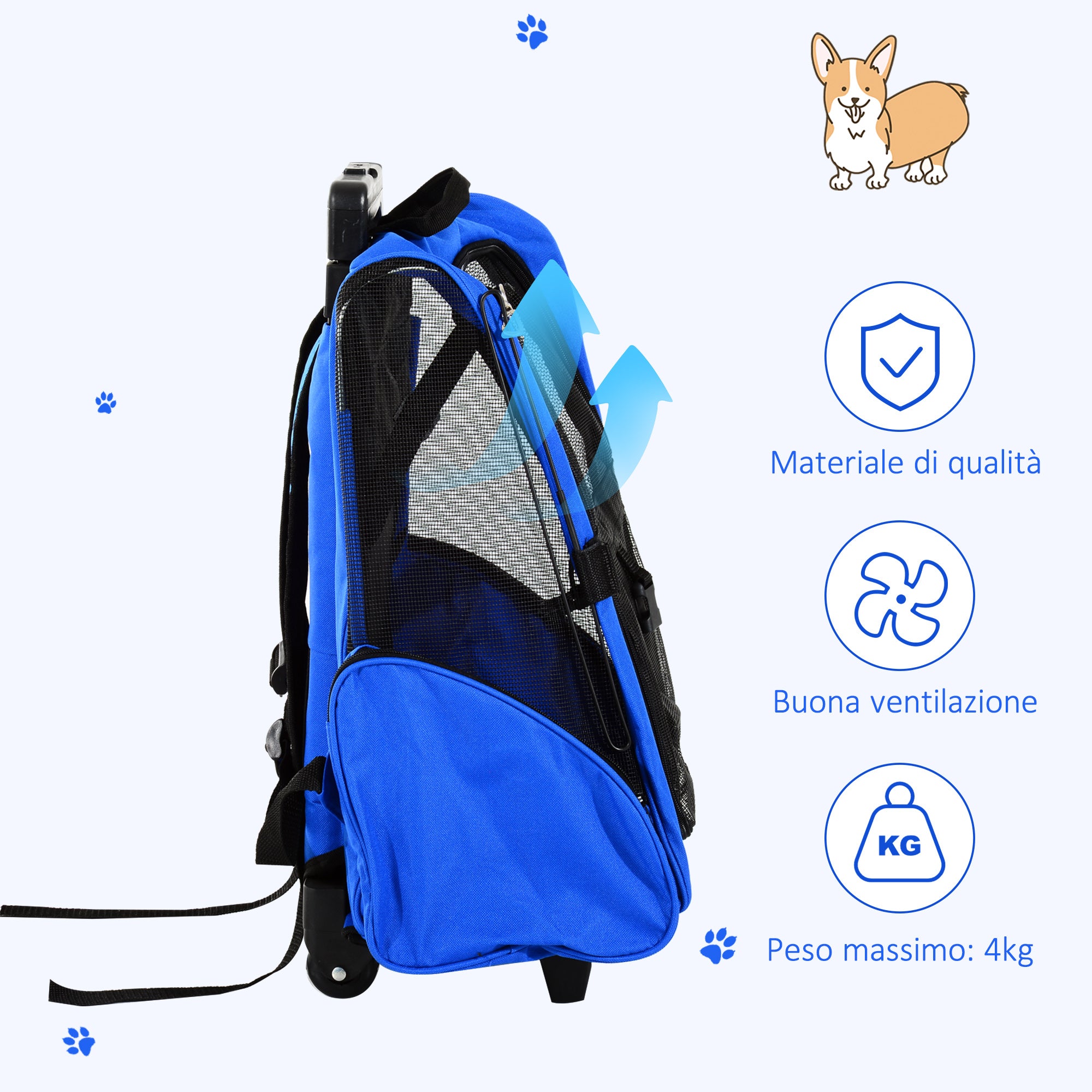 EasyComfort Trasportino Zaino 2 in 1 per Cani e Gatti con Tasche Laterali, Maniglia Telescopica e Ruote, 42x25x55cm, Blu