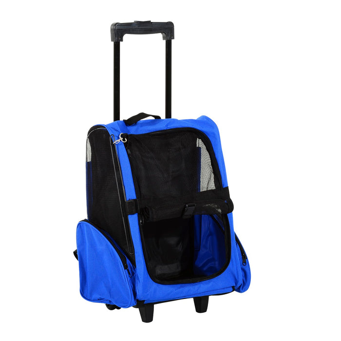 EasyComfort Trasportino Zaino 2 in 1 per Cani e Gatti con Tasche Laterali, Maniglia Telescopica e Ruote, 42x25x55cm, Blu