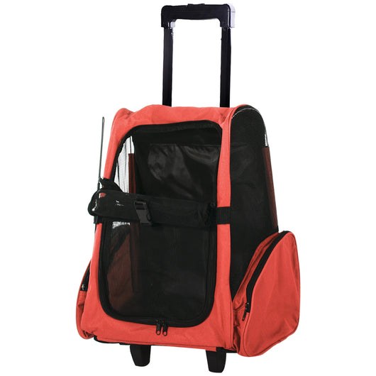 EASYCOMFORT Trasportino Zaino 2 in 1 per Cani e Gatti con Tasche Laterali, Maniglia Telescopica e Ruote, 42x25x55cm, Rosso