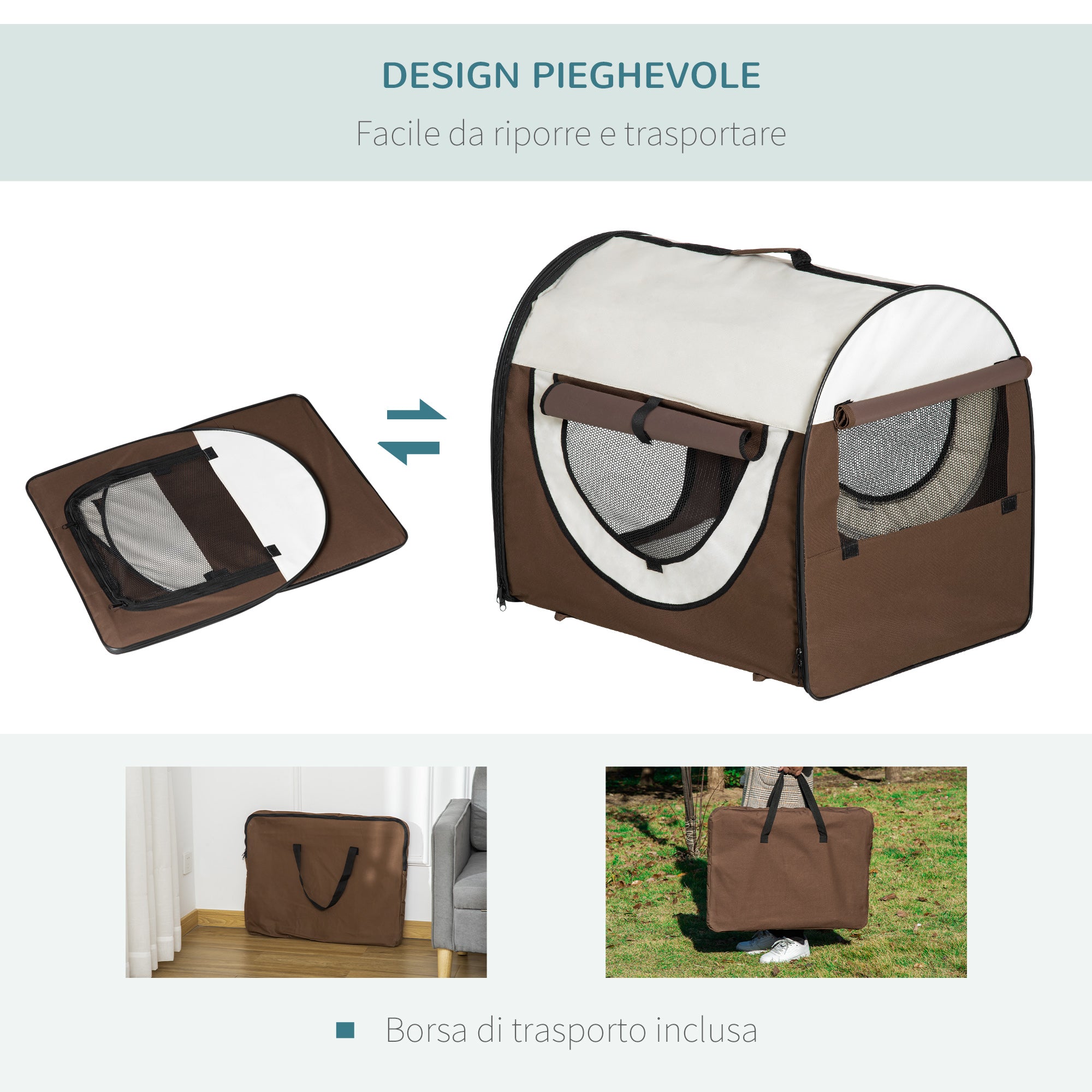 EasyComfort Trasportino per Cani e Gatti Pieghevole con Porta e Finestre in Rete, Tessuto Oxford e Acciaio, 70x51x59cm Marrone