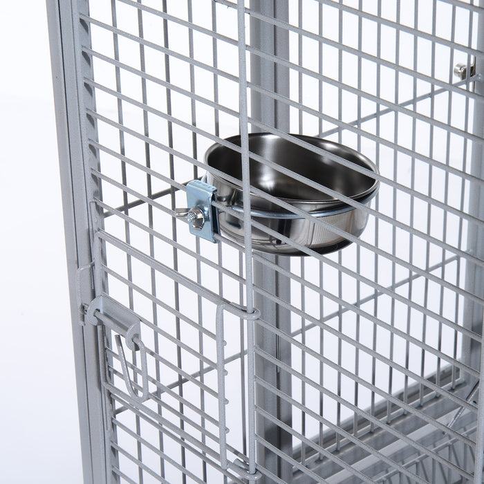 EasyComfort Voliera per Uccelli con Ruote Altezza 161.5cm, Vaschette in Acciaio e Trespoli in Legno, Argento