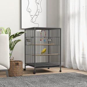 Easycomfort Gabbia per Uccelli in Acciaio e PP con 5 Porte, 2 Posatoi e Vassoio Estraibile, 48x46x74 cm, Grigio