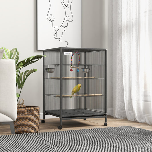 Easycomfort Gabbia per Uccelli in Acciaio e PP con 5 Porte, 2 Posatoi e Vassoio Estraibile, 48x46x74 cm, Grigio