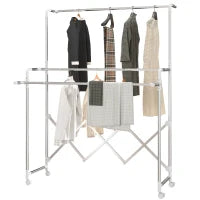 Stendibiancheria Pieghevole con 3 Barre Regolabili, Ruote Girevoli e Struttura in Acciaio Inox, Argento