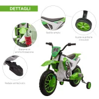 Moto da Cross Elettrica per Bambini con Rotelle, in PP e Metallo, 106.5x51.5x68 cm, Verde