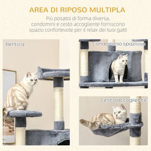 Easycomfort Albero Tiragraffi per Gatti Alto con Casette e Amache, 60x60x200cm, Grigio Chiaro