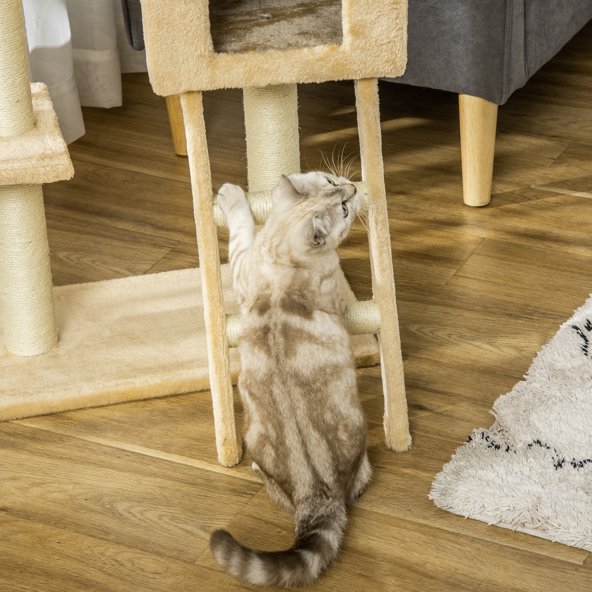 Easycomfort Tiragraffi per Gatti Multilivello con Amaca e Casetta, Corde in Sisal Naturale, 55×30×100cm