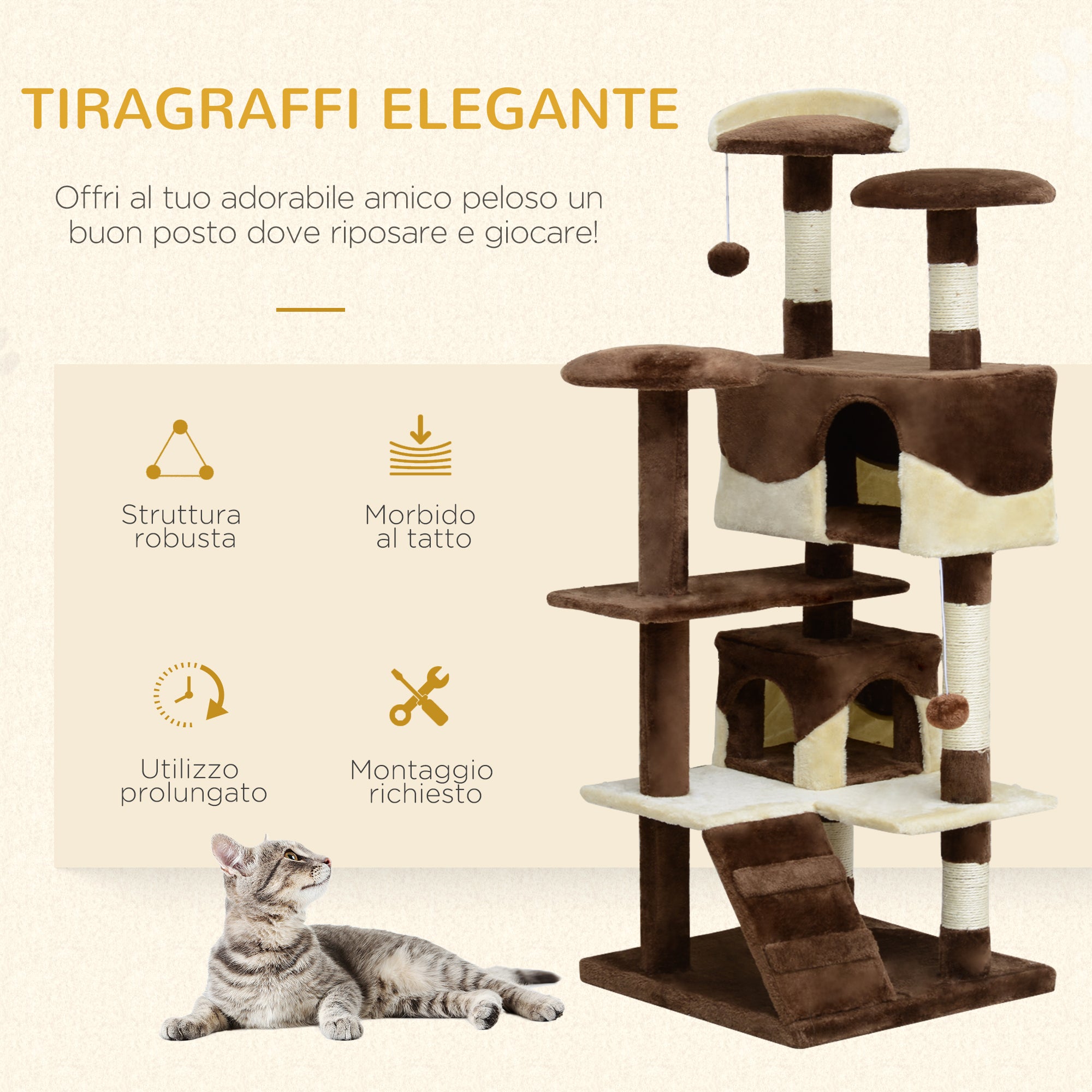 Easycomfort Albero Tiragraffi per Gatti in Peluche e Sisal con Cucce e Pallina 50×50×134.5cm Caffè e Crema