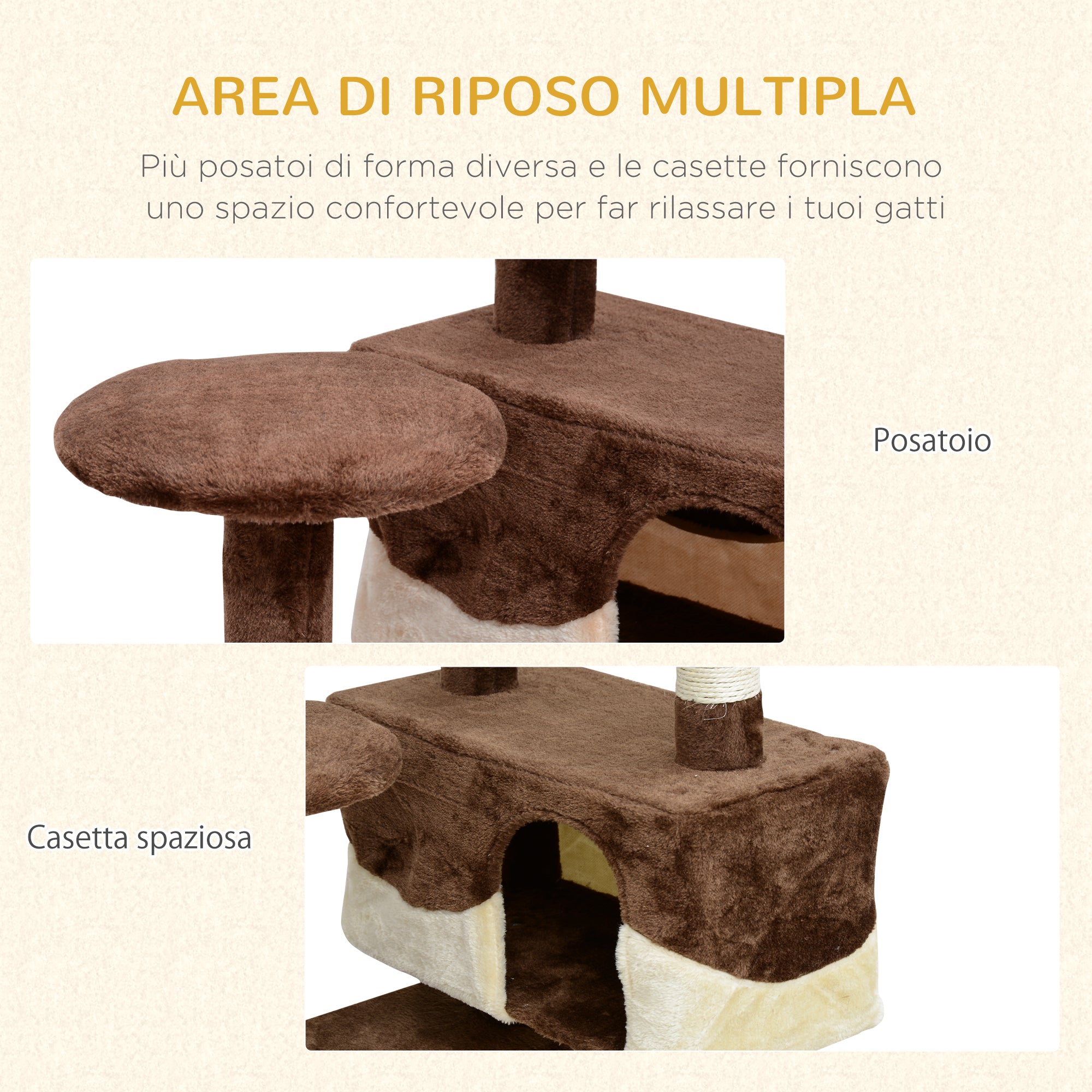 Easycomfort Albero Tiragraffi per Gatti in Peluche e Sisal con Cucce e Pallina 50×50×134.5cm Caffè e Crema