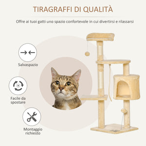 Easycomfort Albero Tiragraffi per Gatti in Legno a 4 Livelli con Cuccia, Giocattoli, Pallina e Corda, Altezza 114 cm