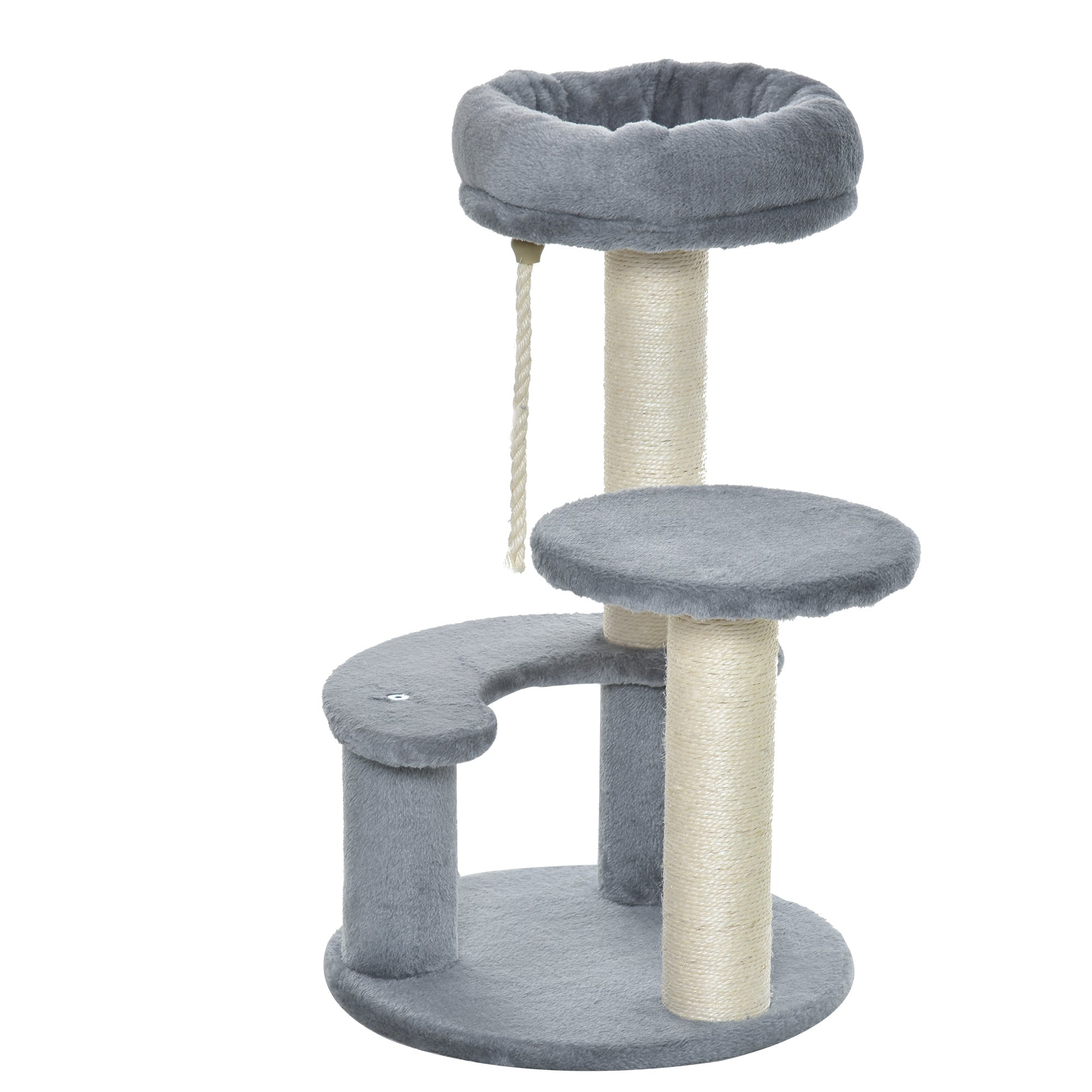 Easycomfort Albero Tiragraffi per Gatti a 3 Livelli con Piattaforme, Lettino e Pali in Sisal, Torre per Gatti con Rivestimento in Peluche, Ø40x65 cm, Grigio