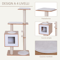 Easycomfort Tiragraffi Gatto Altezza 120cm con Cuccia Piattaforme e Giochi Sisal, MDF 71.5x49.5x120cm legno, bianco