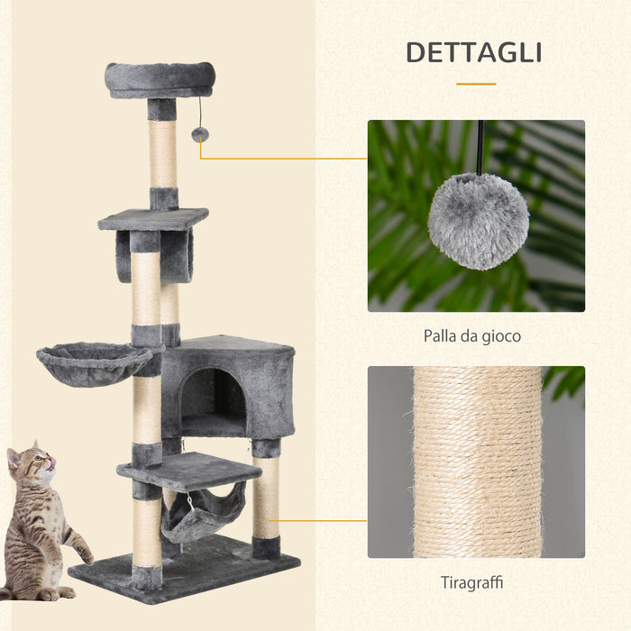 Easycomfort Tiragraffi a Colonna per Gatti con Cuccia, Amaca, Lettini Sospesi e Pali in Corda Sisal, Grigio, 60x40x154cm