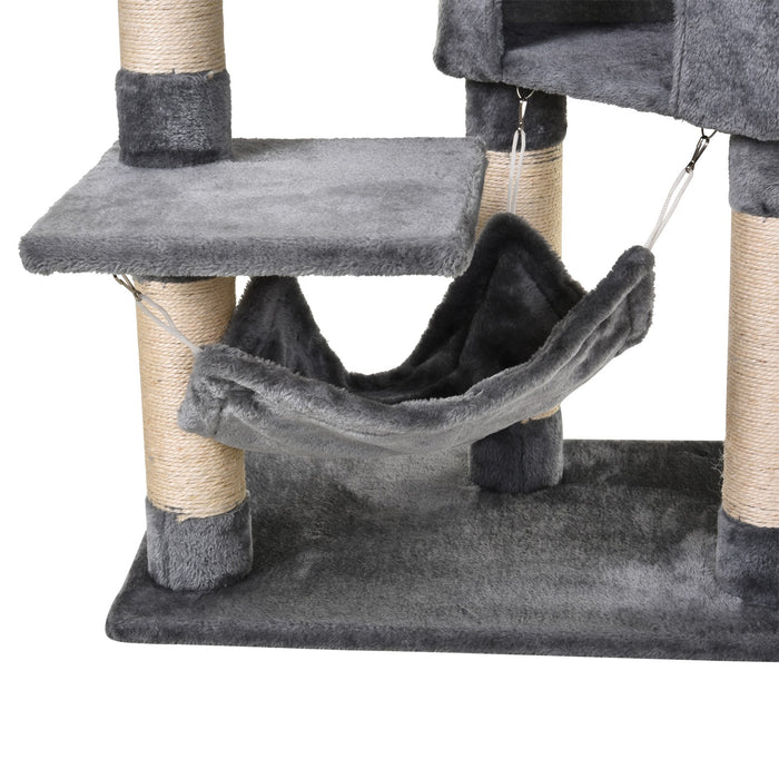 Easycomfort Tiragraffi a Colonna per Gatti con Cuccia, Amaca, Lettini Sospesi e Pali in Corda Sisal, Grigio, 60x40x154cm