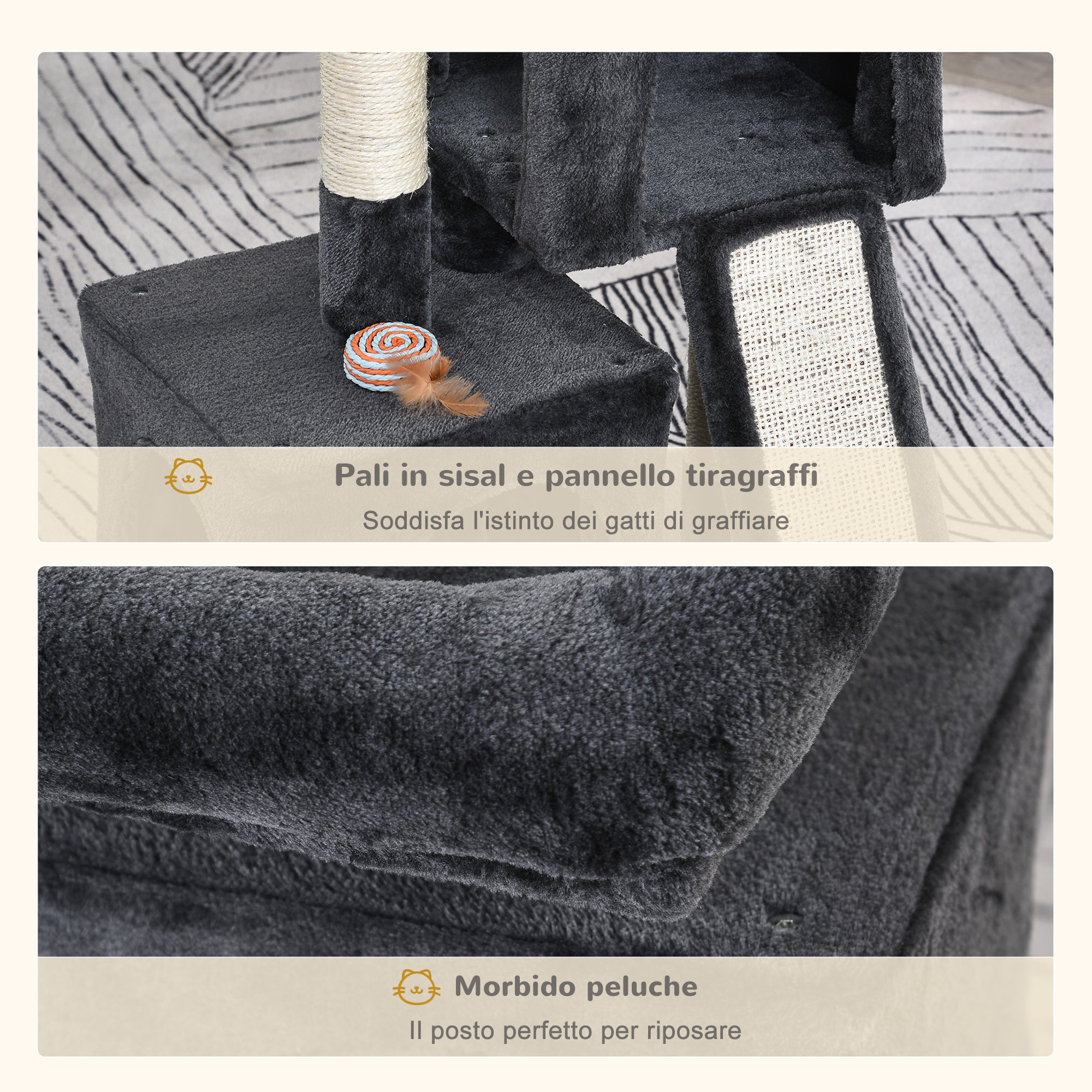 EasyComfort Albero Tiragraffi per Gatti con Pali in Sisal, Lettino e 2 Casette, 59x39x83cm, Grigio Scuro